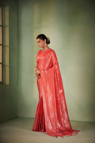 Bittersweet Red Silver with Gold Pink Zari Kanjeevaram Silk Saree