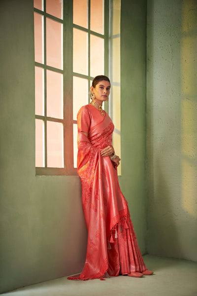 Bittersweet Red Silver with Gold Pink Zari Kanjivaram Silk Saree