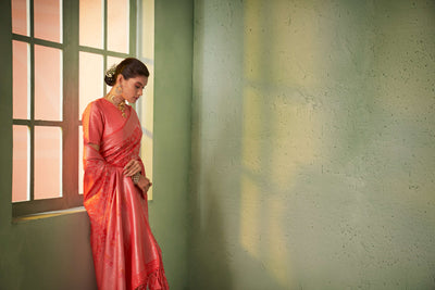 Bittersweet Red Silver with Gold Pink Zari Kanjivaram Silk Saree