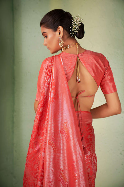 Bittersweet Red Silver with Gold Pink Zari Kanjivaram Silk Saree