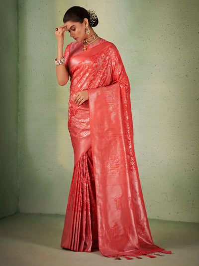 Bittersweet Red Silver with Gold Pink Zari Kanjivaram Silk Saree