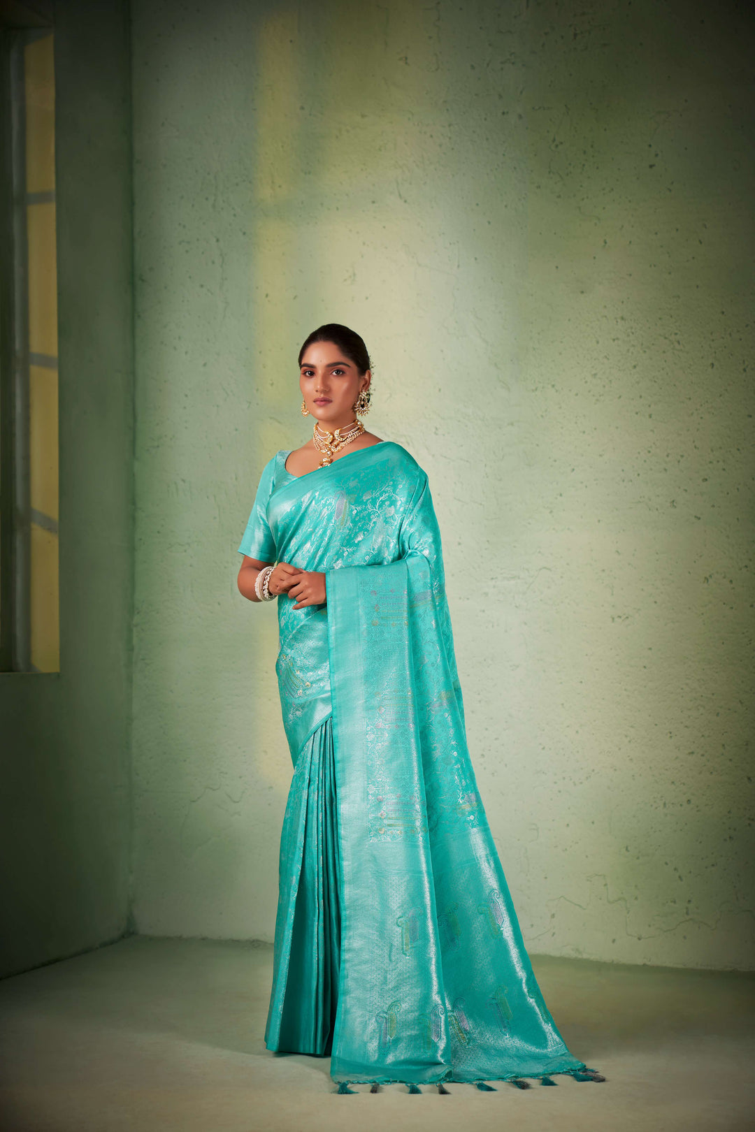 Turquoise Blue Silver with Gold Pink Zari Kanjivaram Silk Saree