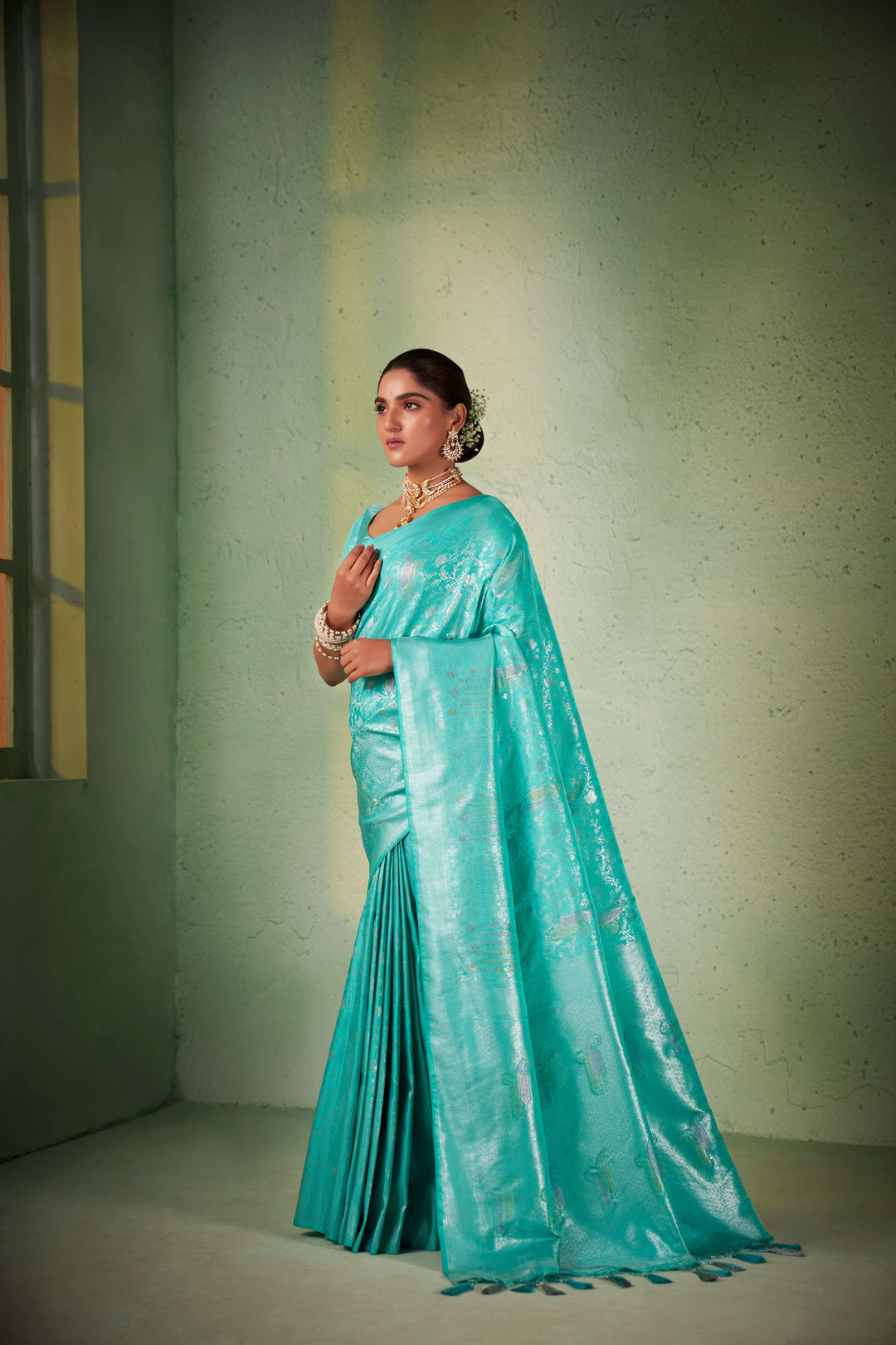 Turquoise Blue Silver with Gold Pink Zari Kanjivaram Silk Saree