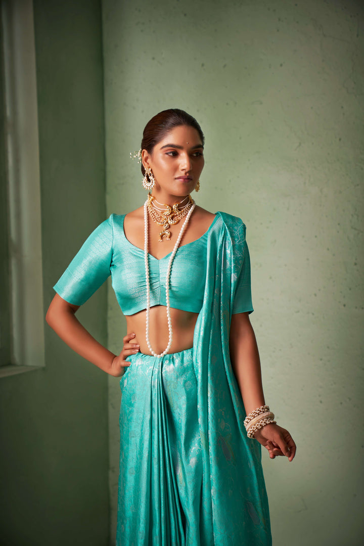 Turquoise Blue Silver with Gold Pink Zari Kanjivaram Silk Saree