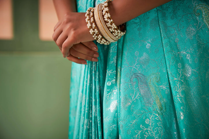 Turquoise Blue Silver with Gold Pink Zari Kanjivaram Silk Saree