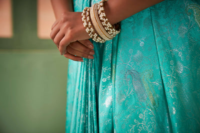 Turquoise Blue Silver with Gold Pink Zari Kanjeevaram Silk Saree