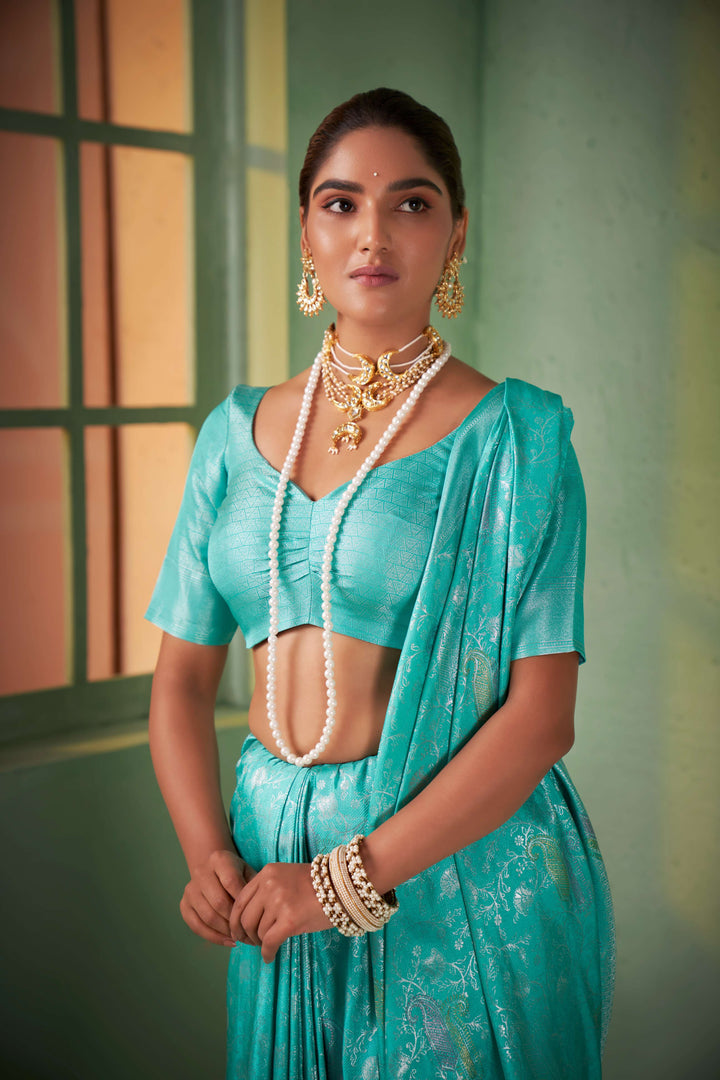 Turquoise Blue Silver with Gold Pink Zari Kanjivaram Silk Saree