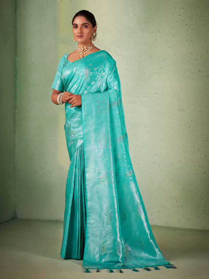 Turquoise Blue Silver with Gold Pink Zari Kanjivaram Silk Saree