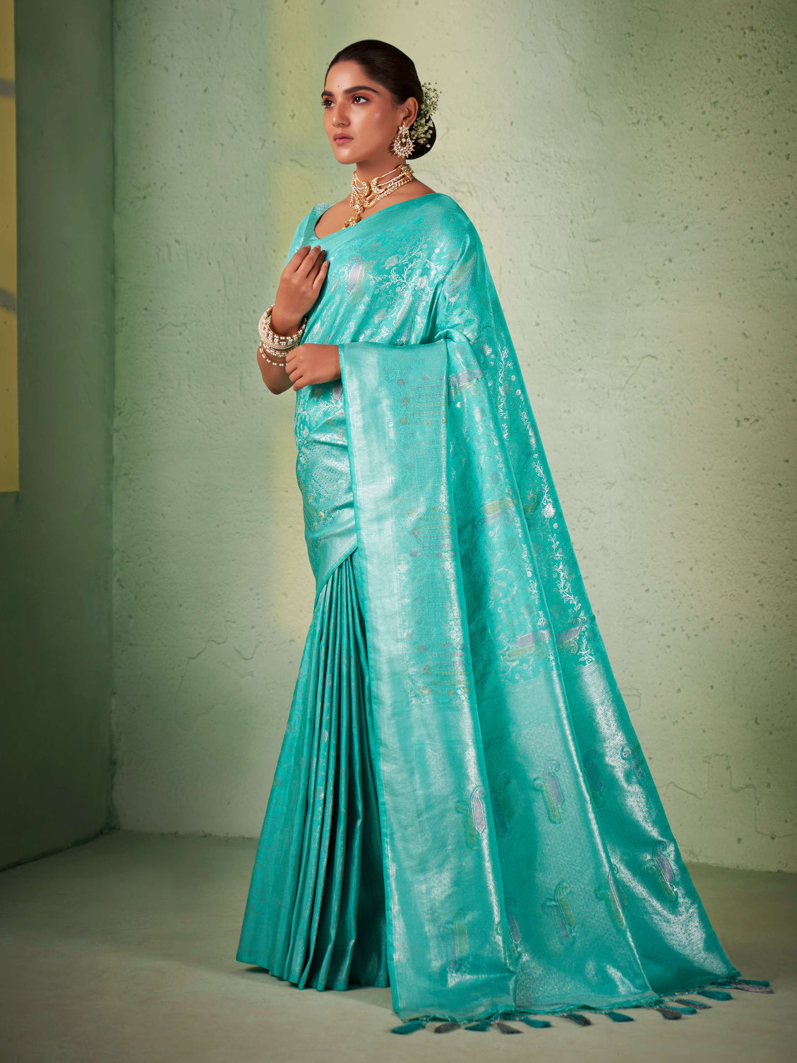 Turquoise Blue Silver with Gold Pink Zari Kanjeevaram Silk Saree