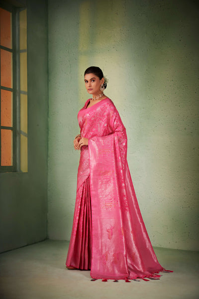 Power Pink Silver with Gold Pink Zari Kanjeevaram Silk Saree