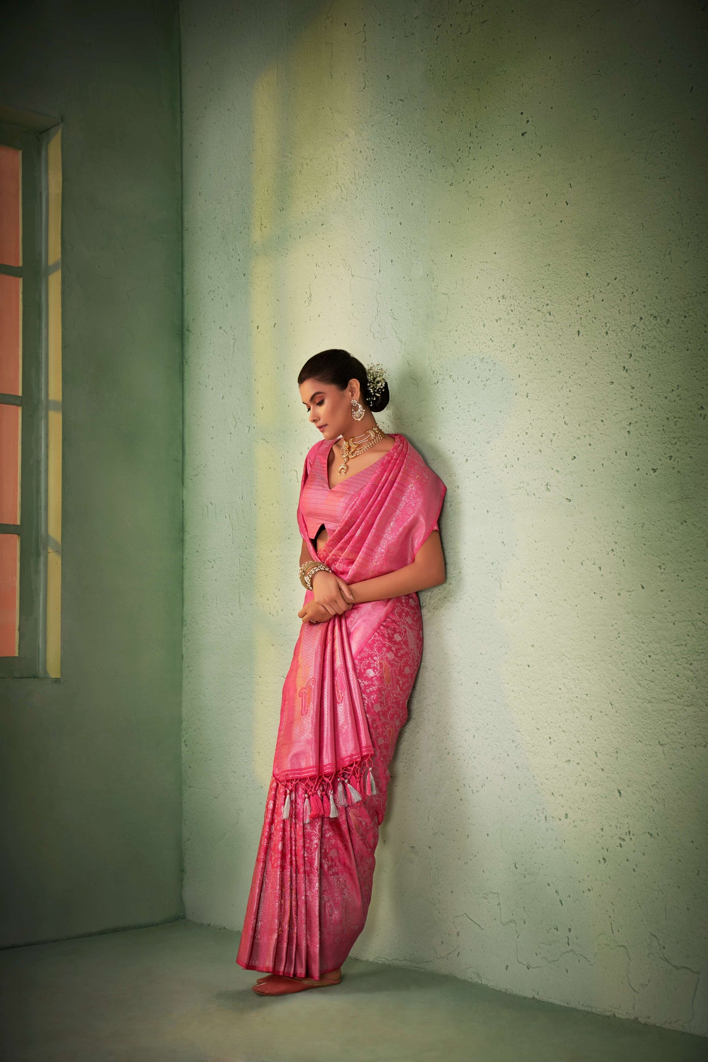 Power Pink Silver with Gold Pink Zari Kanjeevaram Silk Saree