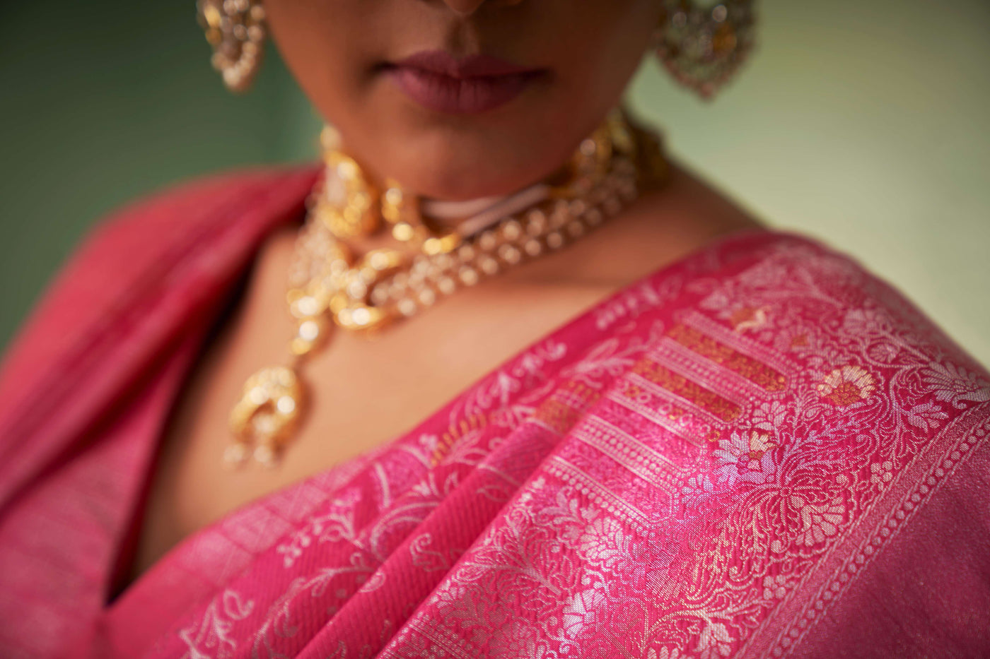 Power Pink Silver with Gold Pink Zari Kanjeevaram Silk Saree