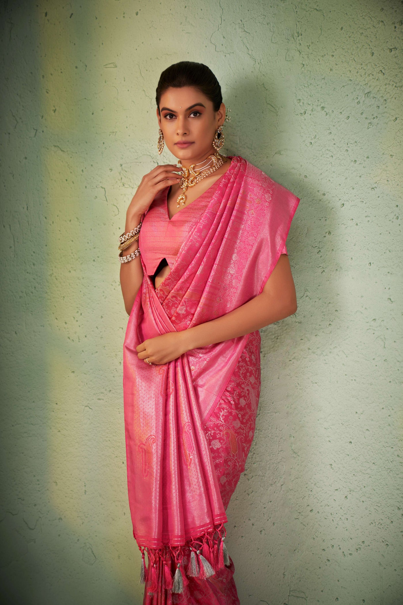 Power Pink Silver with Gold Pink Zari Kanjeevaram Silk Saree