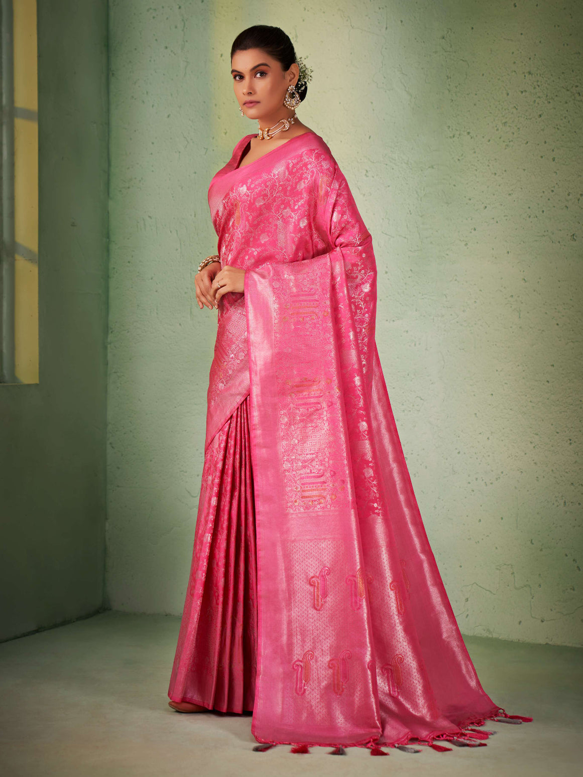 Power Pink Silver with Gold Pink Zari Kanjeevaram Silk Saree