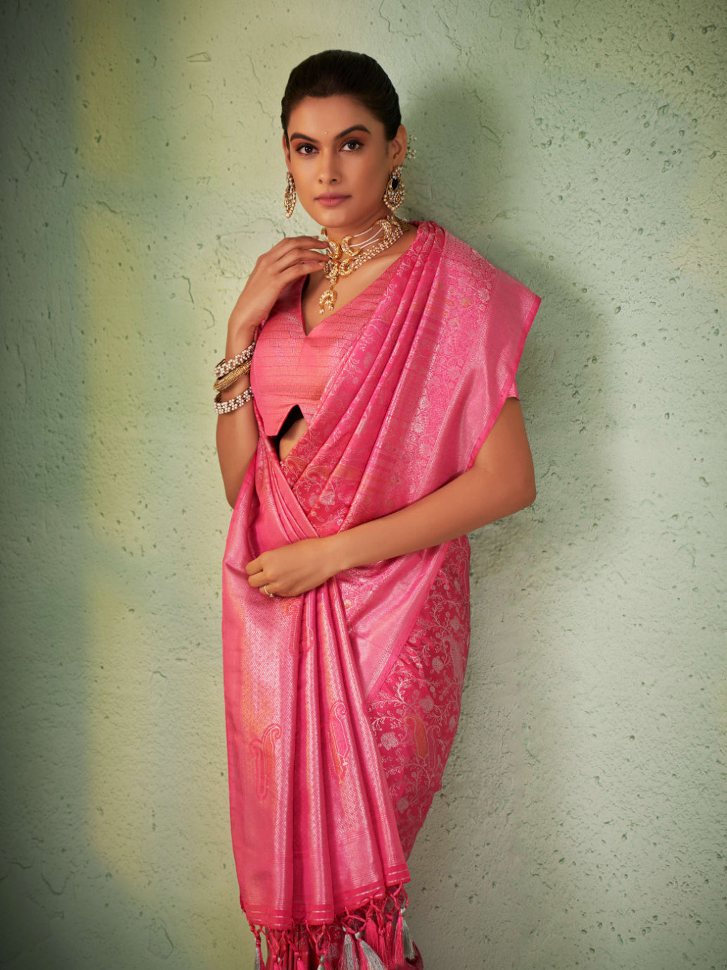 Power Pink Silver with Gold Pink Zari Kanjeevaram Silk Saree