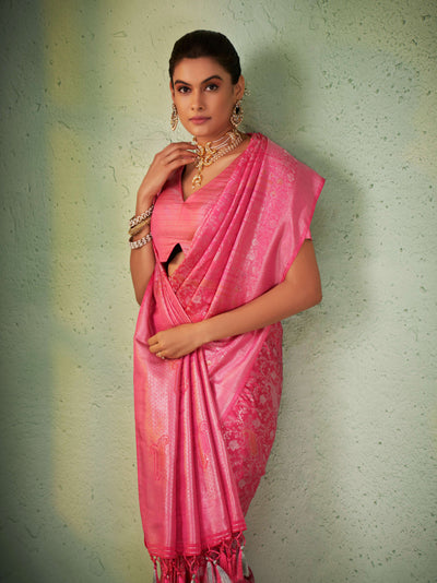 Power Pink Silver with Gold Pink Zari Kanjeevaram Silk Saree