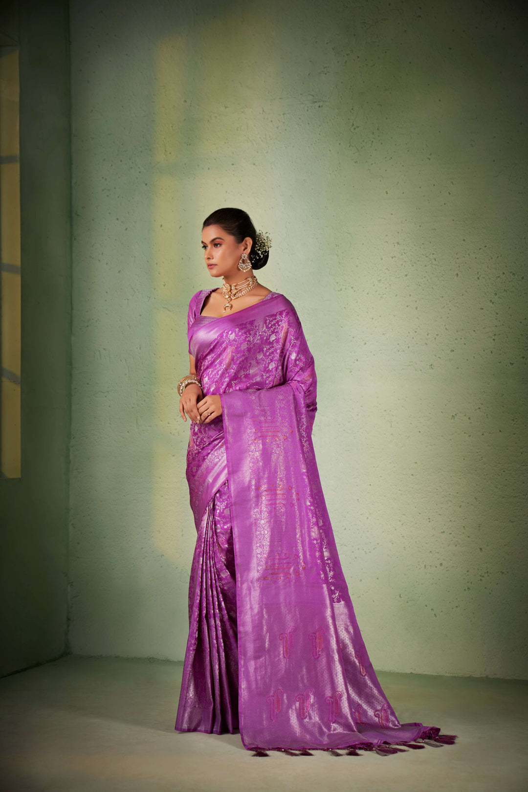 Pizza Edge Purple Silver with Gold Pink Zari Kanjivaram Silk Saree