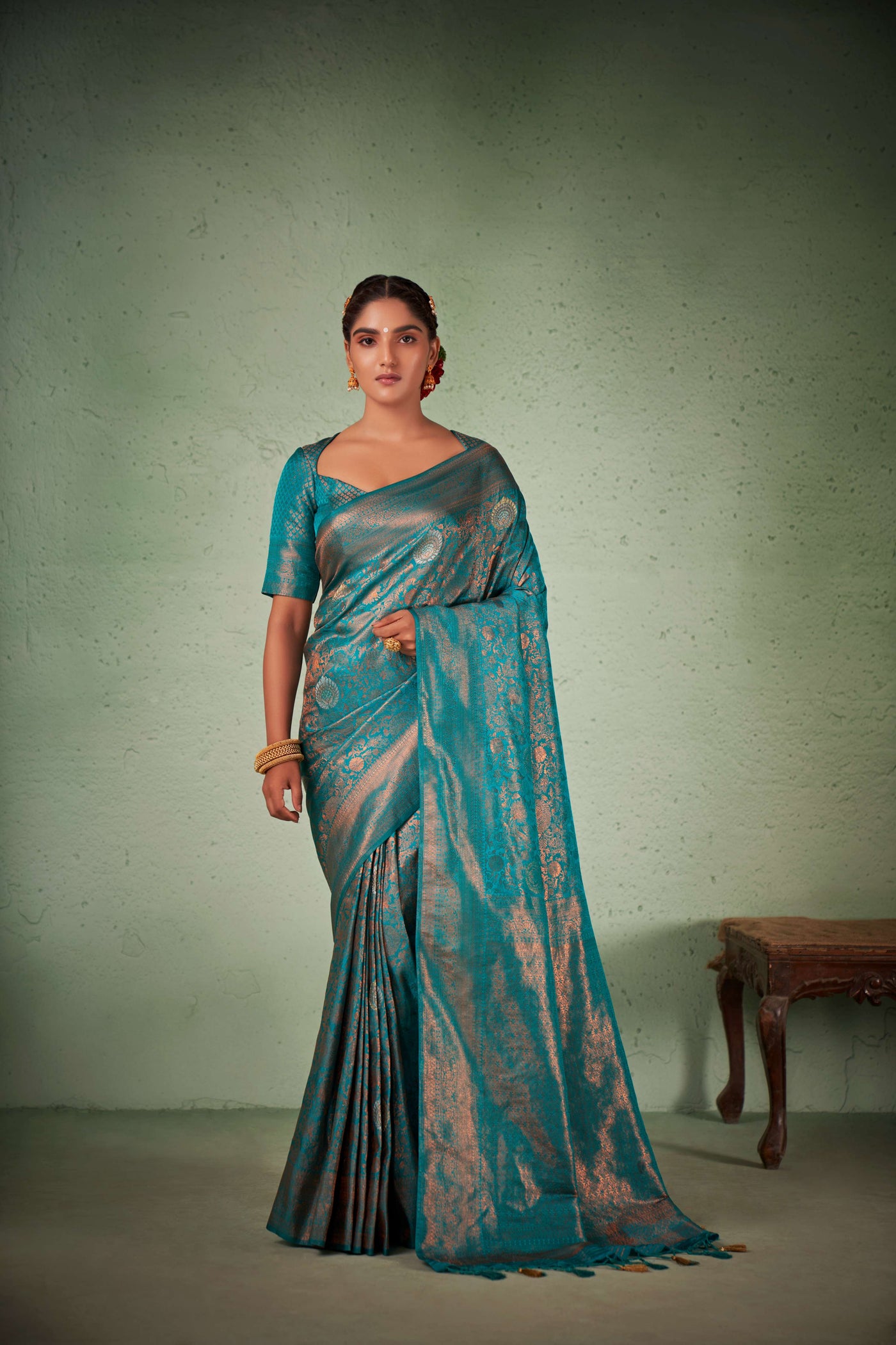 Turquoise Blue Copper Zari Kanjivaram Silk Saree