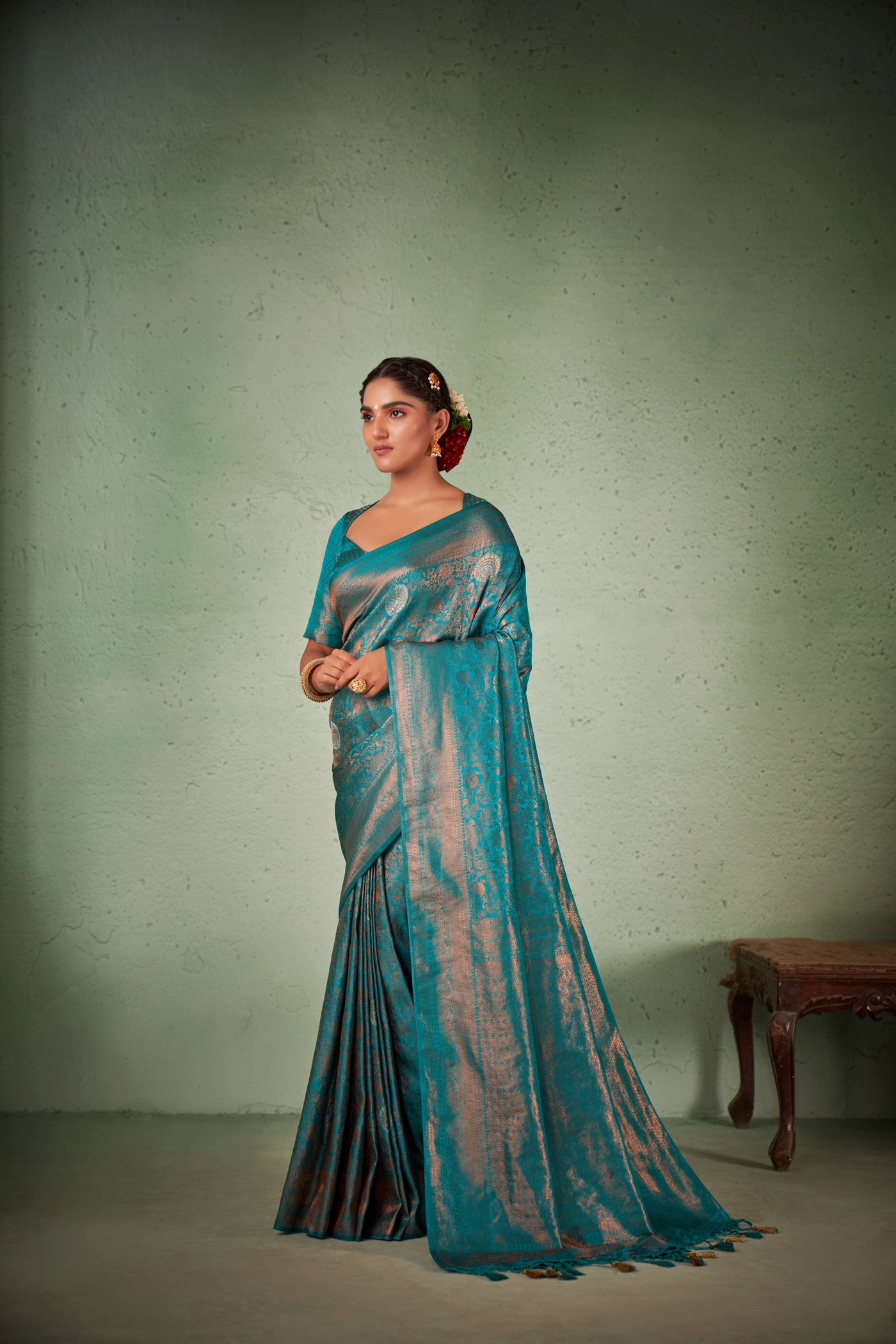 Turquoise Blue Copper Zari Kanjivaram Silk Saree