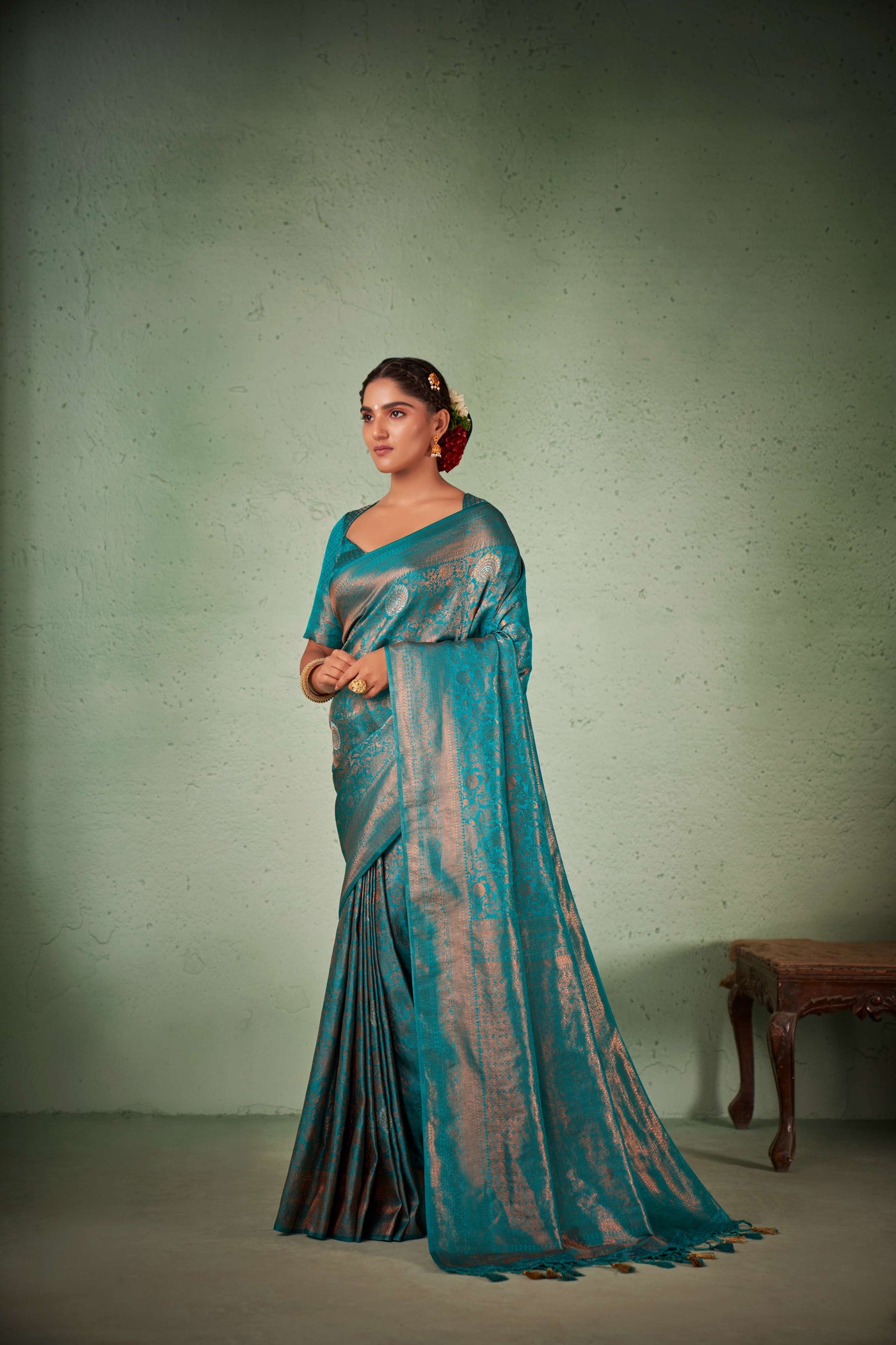 Turquoise Blue Copper Zari Kanjeevaram Silk Saree