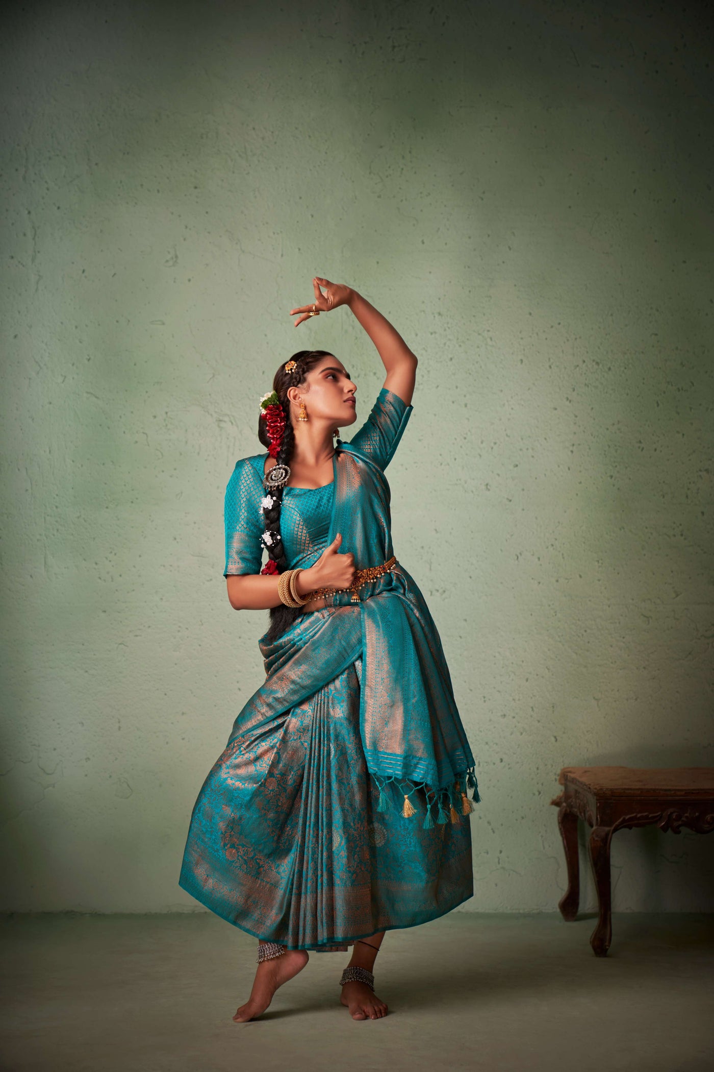 Turquoise Blue Copper Zari Kanjivaram Silk Saree