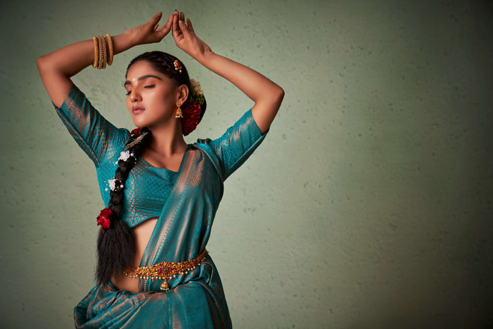 Turquoise Blue Copper Zari Kanjivaram Silk Saree