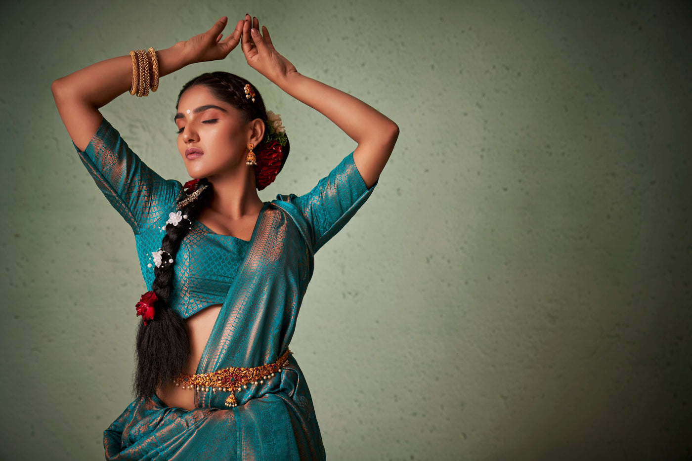 Turquoise Blue Copper Zari Kanjivaram Silk Saree