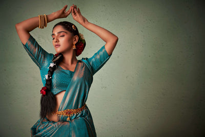 Turquoise Blue Copper Zari Kanjivaram Silk Saree