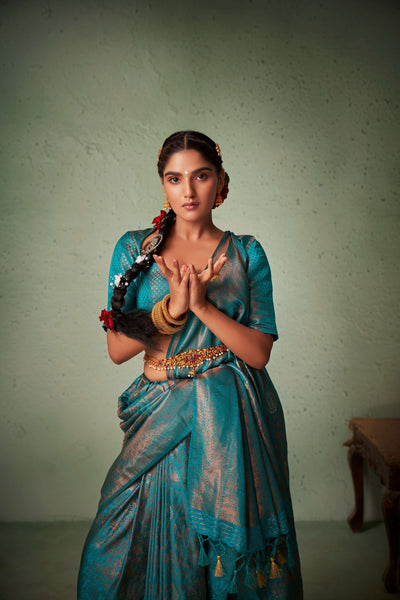 Turquoise Blue Copper Zari Kanjeevaram Silk Saree