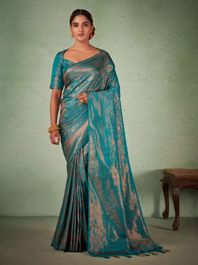 Turquoise Blue Copper Zari Kanjivaram Silk Saree