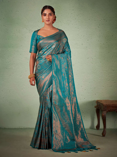 Turquoise Blue Copper Zari Kanjeevaram Silk Saree