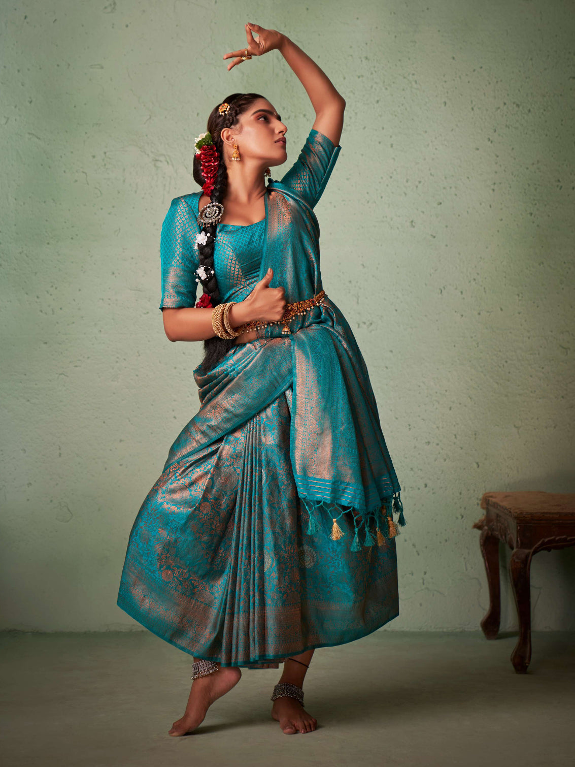 Turquoise Blue Copper Zari Kanjeevaram Silk Saree