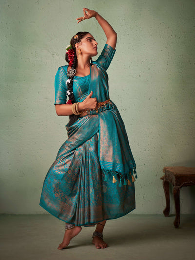 Turquoise Blue Copper Zari Kanjivaram Silk Saree