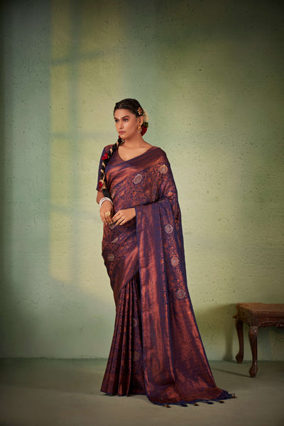 Classic Midnight Blue Ethnic Saree with Detailed Zari Pallu