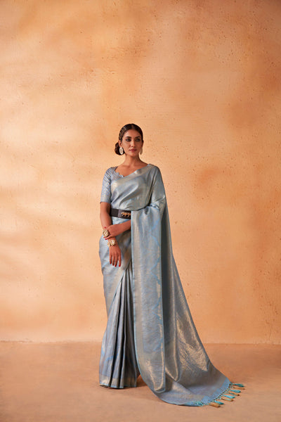 Light Blue Gold Zari Kanjeevaram Silk Saree