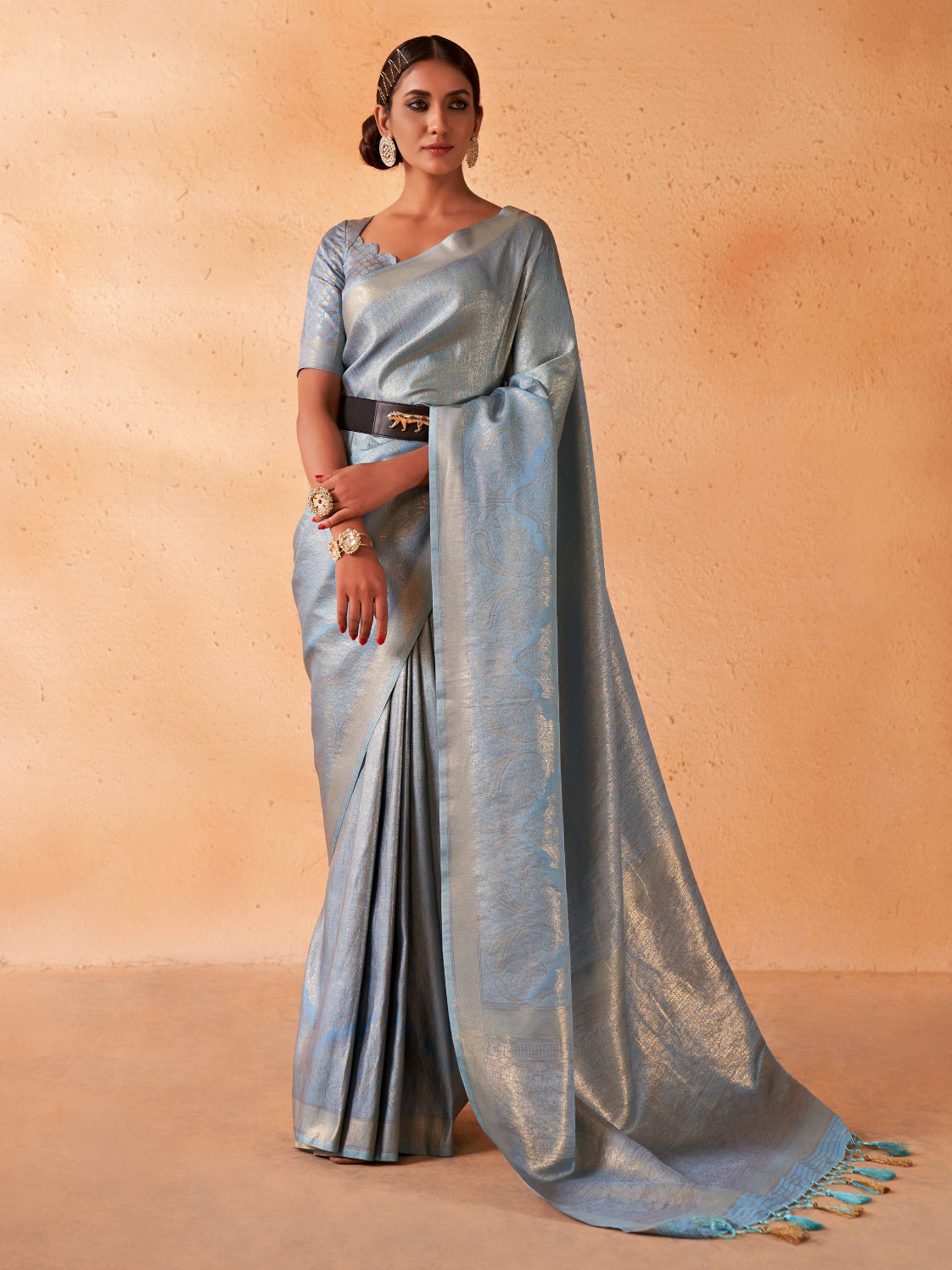 Light Blue Gold Zari Kanjeevaram Silk Saree