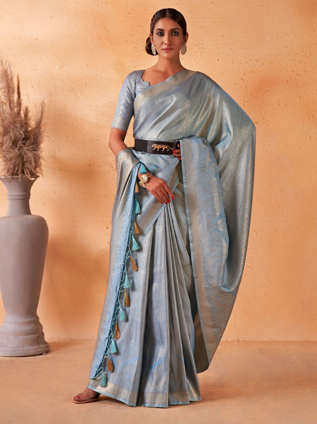 Light Blue Gold Zari Kanjeevaram Silk Saree