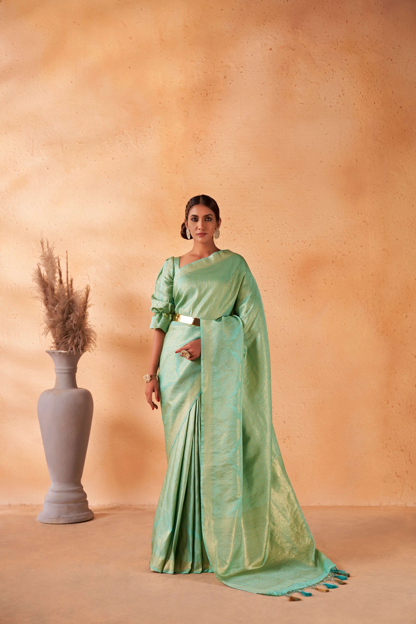 Mint Green Gold Zari Kanjeevaram Silk Saree