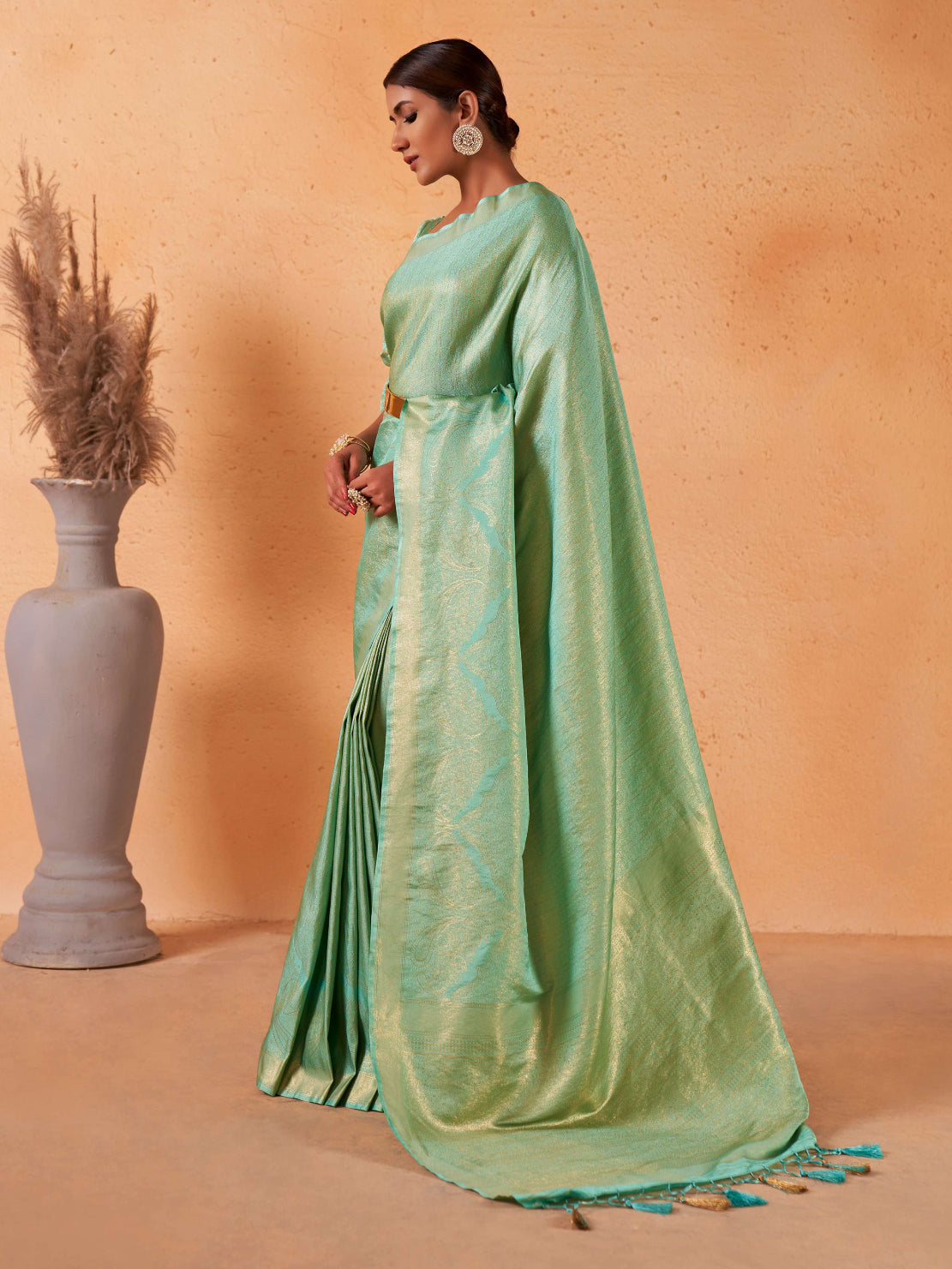 Mint Green Gold Zari Kanjeevaram Silk Saree