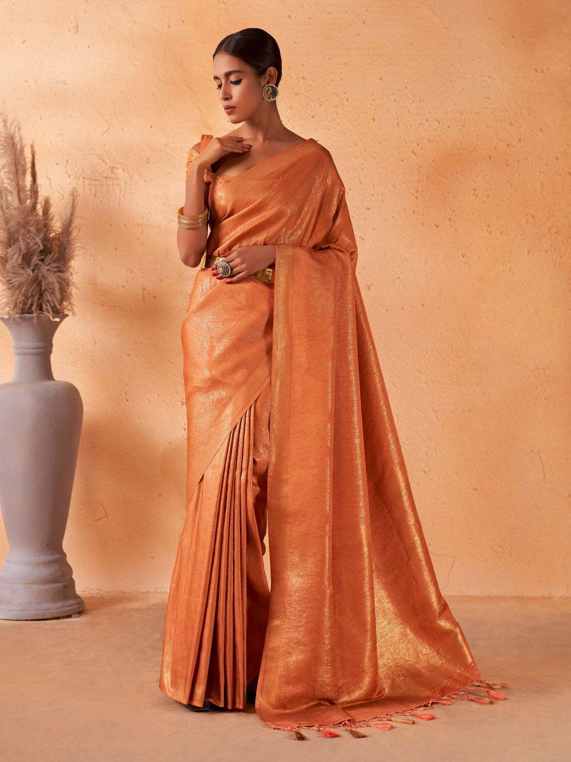 Sandy Brown Orange Gold Zari Kanjeevaram Silk Saree