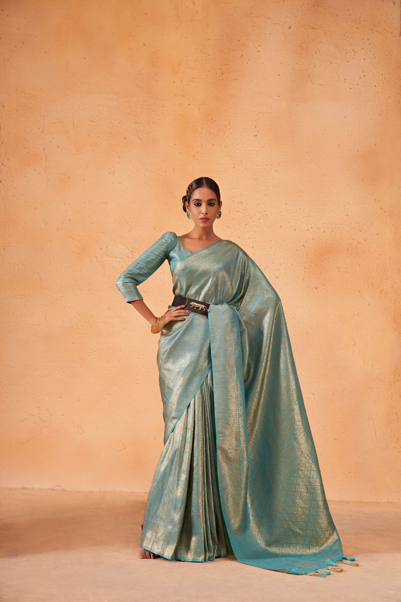 Air Force Blue Gold Zari Kanjeevaram Silk Saree