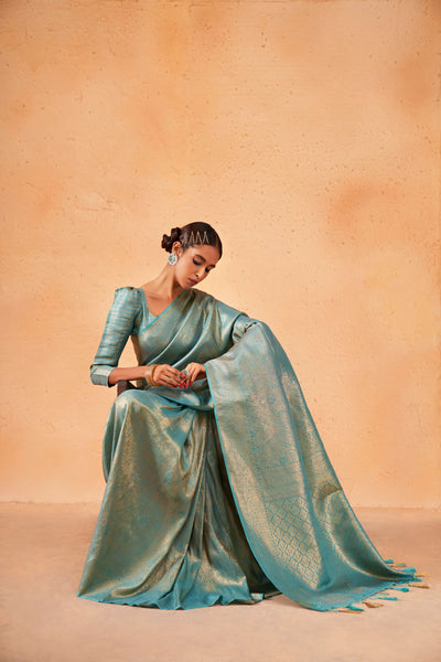 Air Force Blue Gold Zari Kanjivaram Silk Saree