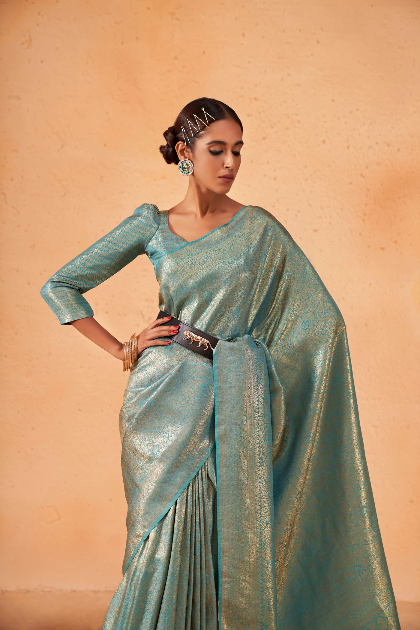 Air Force Blue Gold Zari Kanjivaram Silk Saree