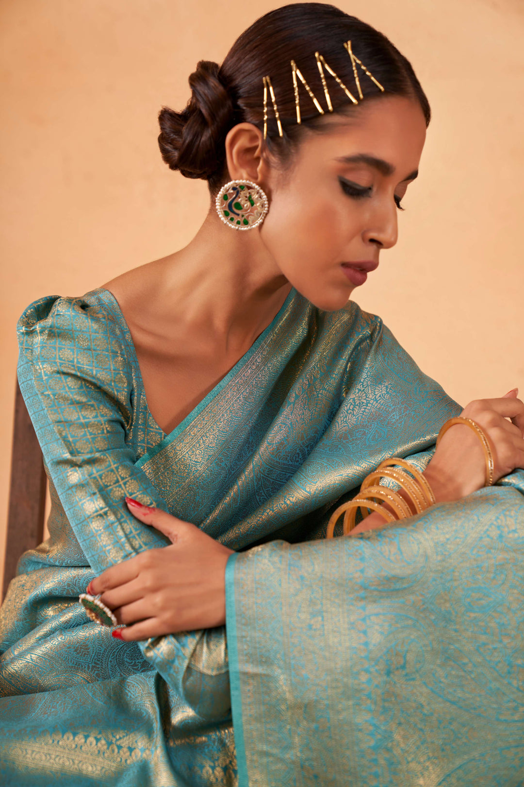 Air Force Blue Gold Zari Kanjivaram Silk Saree