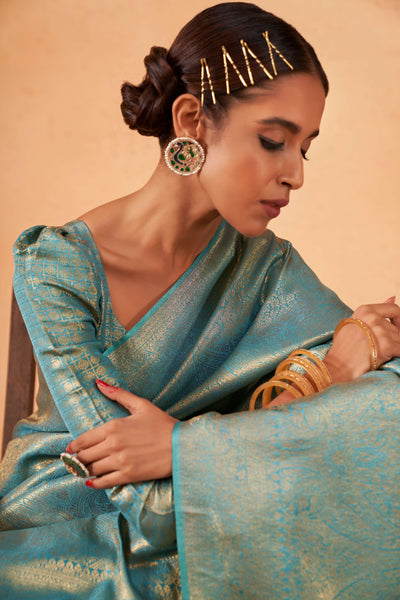 Air Force Blue Gold Zari Kanjeevaram Silk Saree