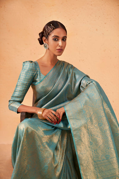 Air Force Blue Gold Zari Kanjeevaram Silk Saree