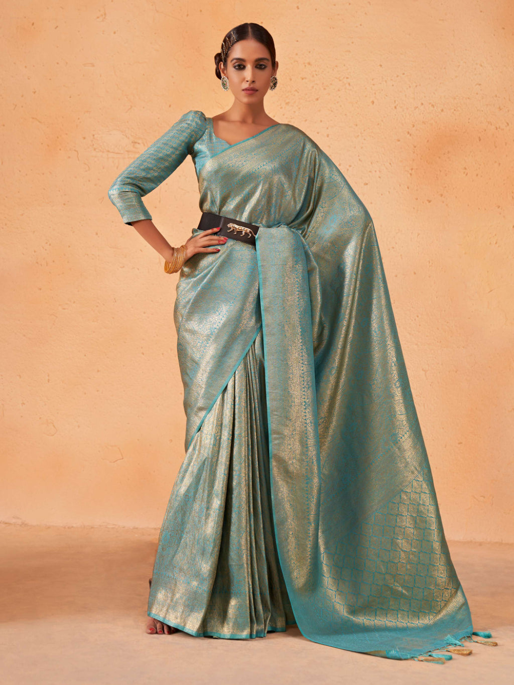 Air Force Blue Gold Zari Kanjeevaram Silk Saree