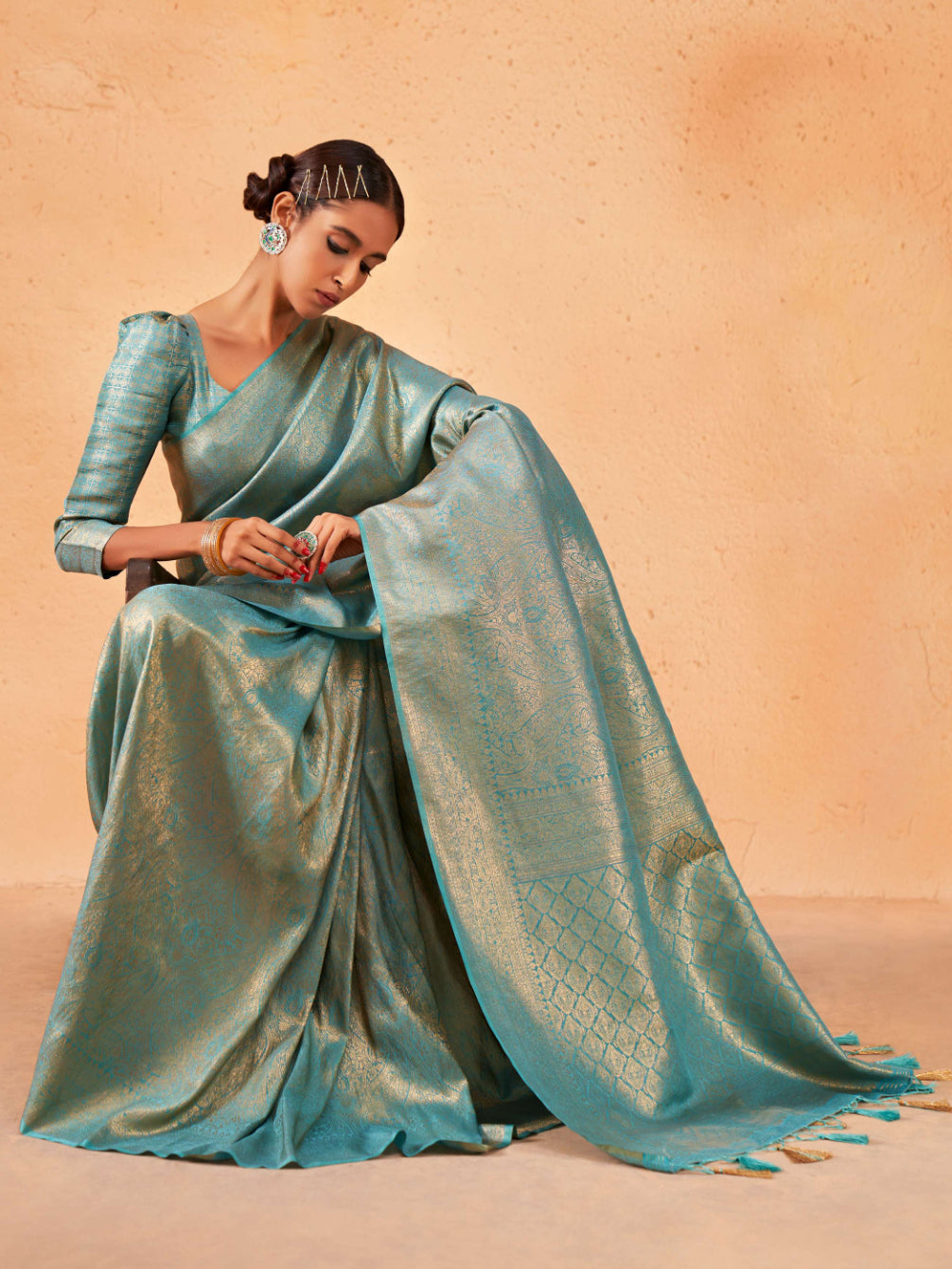 Air Force Blue Gold Zari Kanjeevaram Silk Saree