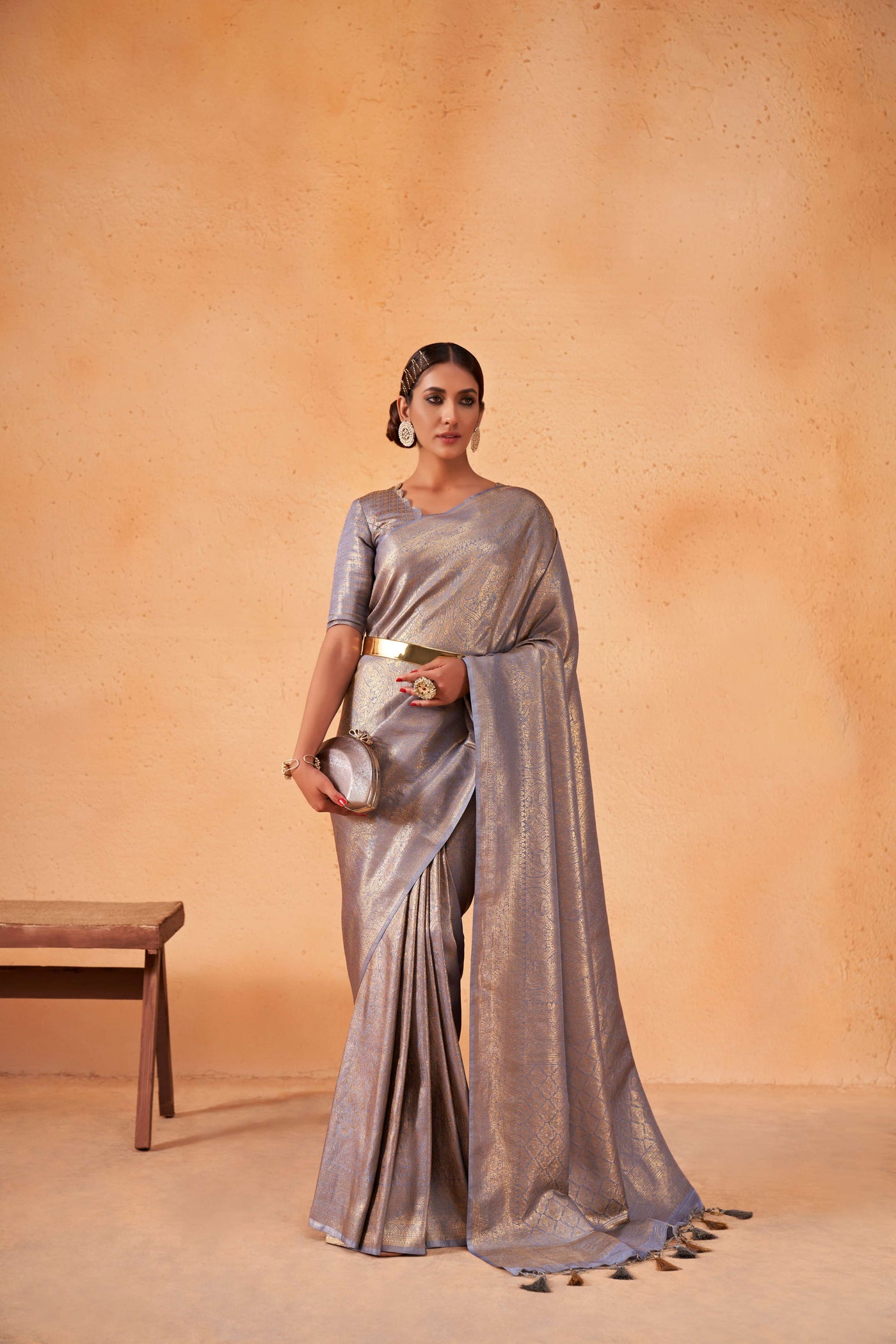Purple Grey Gold Zari Kanjeevaram Silk Saree