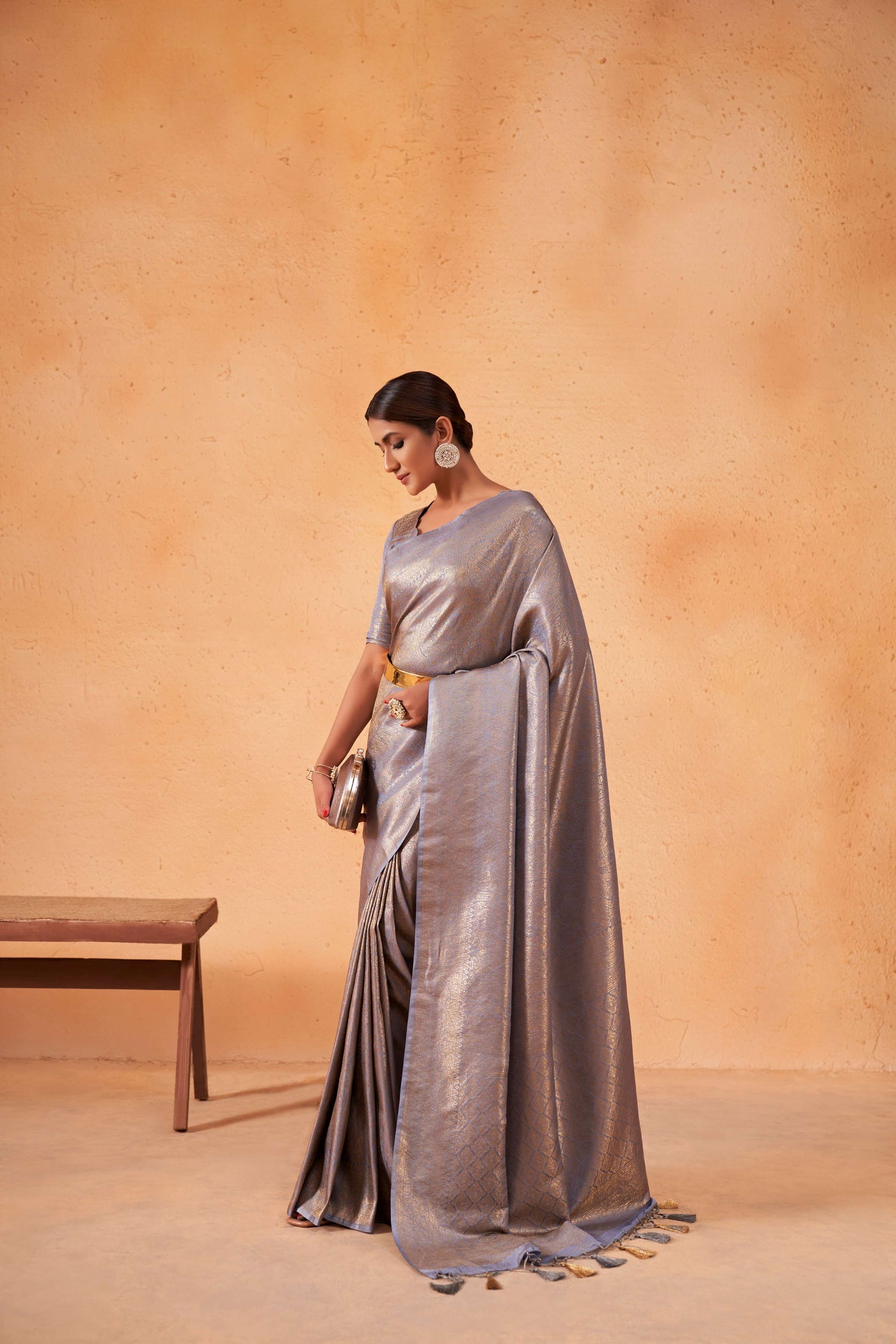 Purple Grey Gold Zari Kanjeevaram Silk Saree